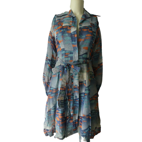 Vtg 1960s Albert Nipon Silk Fish Dress Lattimore Collab Button Front Sz 6 - Picture 2 of 13